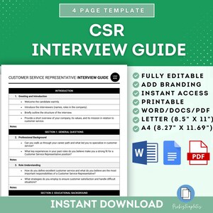 May include: A printable Customer Service Representative Interview Guide template in Word, PDF, and Letter size. The guide includes sections for greeting and introduction, professional background, role understanding, and educational background. The template is fully editable and allows for branding.