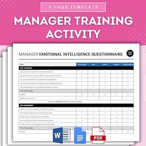 May include: A printable questionnaire for managers to assess their emotional intelligence. The questionnaire includes sections for self-awareness and self-management, with questions about recognising emotions, seeking feedback, and managing stress. The document is formatted with a blue and grey colour scheme and includes a logo placeholder.