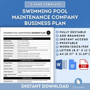 Pode incluir: Um modelo de plano de negócios imprimível azul e branco para uma empresa de manutenção de piscinas. O modelo inclui seções para um resumo executivo, uma descrição da empresa, uma análise de mercado e muito mais. O modelo está disponível nos tamanhos Word, PDF e Carta.