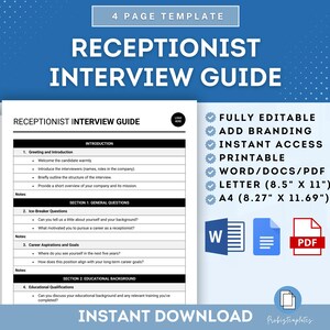 Könnte beinhalten: Eine digitale Download-Vorlage für einen Empfangsbereich-Interviewleitfaden in Blau und Weiß. Die Vorlage ist vollständig editierbar, druckbar und in den Formaten Word, PDF, Letter und A4 verfügbar. Der Text auf der Vorlage lautet "Empfangsbereich-Interviewleitfaden", "Vollständig editierbar", "Branding hinzufügen", "Sofortiger Zugriff", "Druckbar", "Word/Docs/PDF", "Letter (8,5" x 11")", "A4 (8,27" x 11,69")" und "Sofortiger Download".
