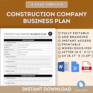 Può includere: Un modello di business plan per un'azienda di costruzioni, stampabile in bianco e nero. Il modello è completamente modificabile e include sezioni per la panoramica aziendale, la dichiarazione di missione, la dichiarazione di visione, gli obiettivi strategici, le chiavi del successo, la panoramica del settore e la storia aziendale. Il modello è disponibile in Word, PDF e formato Letter (8,5 x 11 pollici).