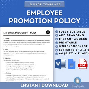 Puede incluir: Una plantilla de descarga digital en azul y blanco para una política de promoción de empleados. La plantilla es totalmente editable, imprimible y está disponible en los tamaños Word, PDF y Carta. El texto de la plantilla dice "Política de promoción de empleados" e incluye la siguiente información: Propósito, Alcance, Objetivos, Definiciones, Promoción y Candidato interno.