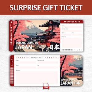 Printable Japan Surprise Gift Ticket, Editable Japan Boarding Pass, Printable Japan Vacation Boarding Pass, Editable Japan Trip Gift Ticket