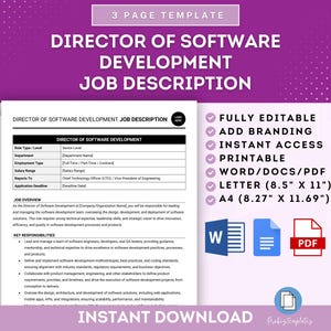 Peut inclure: Un modèle de description de poste de directeur du développement logiciel téléchargeable numériquement en rose et violet. Le modèle est entièrement modifiable, imprimable et disponible en format Word, PDF et Lettre. Le texte sur le modèle indique "Description de poste de directeur du développement logiciel", "Entièrement modifiable", "Ajouter une marque", "Accès instantané", "Imprimable", "Word/Docs/PDF", "Lettre (8,5" x 11")", "A4 (8,27" x 11,69")" et "Téléchargement instantané".