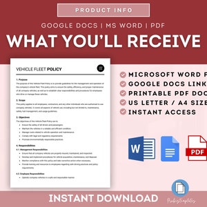 May include: A digital download of a vehicle fleet policy template in Microsoft Word, Google Docs, and PDF formats. The document includes sections for purpose, scope, objectives, responsibilities, and more. The image also shows icons for Word, Google Docs, and PDF files.