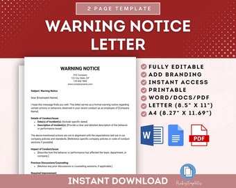 Warning Notice Letter Template, Employee Warning Letter, Disciplinary Notice, Workplace Warning Notice, Employee Conduct Warning Letter