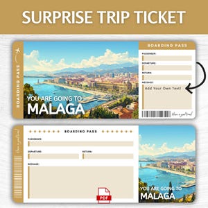 Billet cadeau surprise Malaga imprimable, carte d'embarquement pour les vacances en Espagne modifiable, pass escapade imprimable Malaga, idée cadeau voyage en Espagne