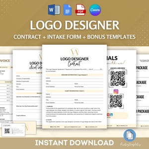 May include: A digital download of a logo designer contract, intake form, and bonus templates. The templates are in a gold and white color scheme with a modern design. The text on the templates includes "Logo Designer Contract", "Logo Designer", "Client Intake Form", "Invoice", "Leave a Review", and "Package".