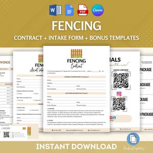 May include: A set of printable templates for a fencing business. The templates include a contract, intake form, invoice, testimonials, and package options. The templates are designed in a gold and brown color scheme with a cartoon fence graphic.