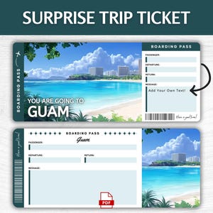 Biglietto regalo a sorpresa stampabile per Guam, carta d'imbarco modificabile per le vacanze a Tumon, pass stampabile per le isole del Pacifico, biglietto per un viaggio tropicale