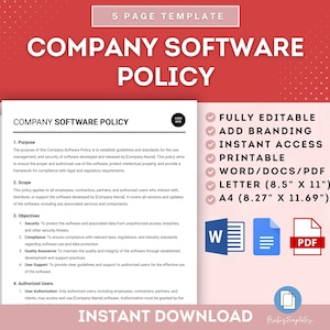 May include: A pink and white digital download template for a company software policy. The template is fully editable, printable, and includes branding options. The text on the template reads "Company Software Policy" and "Instant Download".