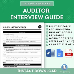 Puede incluir: Una guía de entrevista imprimible para un puesto de auditor. La guía incluye secciones para el saludo y la introducción, la experiencia profesional, la comprensión del rol y la formación académica. La guía está disponible en los formatos Word, PDF, Carta (8,5" x 11") y A4 (8,27" x 11,69").