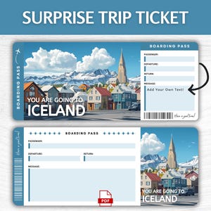 Biglietto regalo a sorpresa per l'Islanda stampabile, biglietto d'imbarco modificabile per Reykjavik, pass per la fuga in Islanda stampabile, biglietto regalo per un viaggio nei Paesi nordici