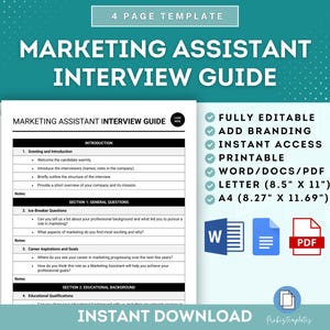 Może przedstawiać: Drukowalny szablon przewodnika po rozmowie kwalifikacyjnej dla asystenta marketingu w formacie Word, PDF i Letter. Szablon jest w pełni edytowalny i zawiera sekcje dotyczące powitania i wprowadzenia, pytań rozluźniających atmosferę, aspiracji zawodowych i celów oraz kwalifikacji edukacyjnych.