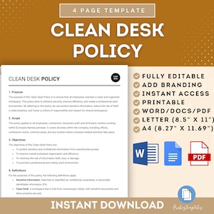 以下が含まれることがあります： きれいなデスクポリシーの印刷可能なテンプレート。テンプレートは完全に編集可能で、ブランディングオプションが含まれています。ドキュメントは、Word、PDF、レターサイズでご利用いただけます。テンプレートはすぐにダウンロードできます。