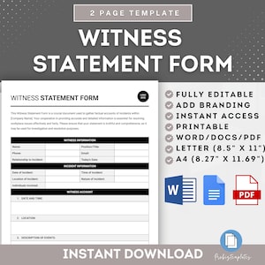 Formulario de declaración de testigo de incidente en el lugar de trabajo, formulario de testigo de investigación de recursos humanos, formulario de registro de testigo, formulario de testimonio de testigo, formulario de cuenta de testigo