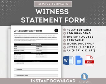 Workplace Incident Witness Statement Form, HR Investigation Witness Form, Witness Record Form, Witness Testimony Form, Witness Account Form