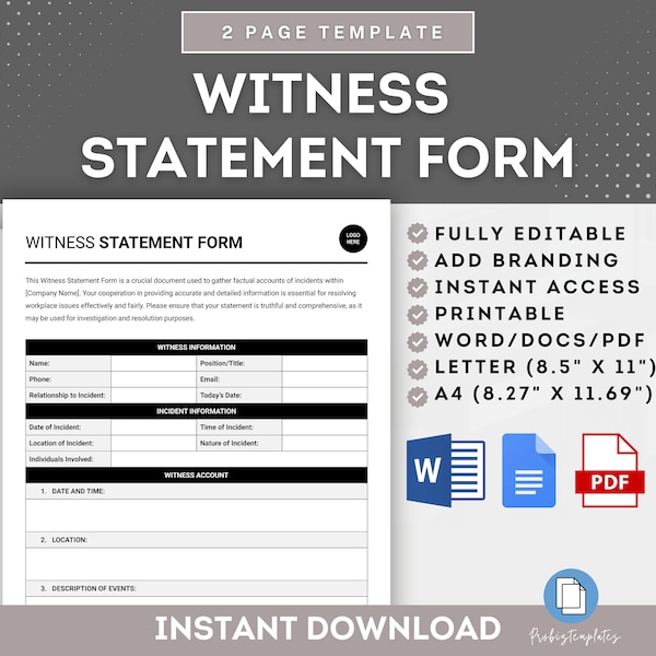 Workplace Incident Witness Statement Form, HR Investigation Witness Form, Witness Record Form, Witness Testimony Form, Witness Account Form