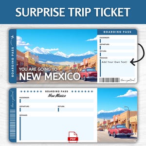 Billet cadeau surprise à imprimer pour le Nouveau-Mexique, carte d'embarquement pour les vacances du sud-ouest modifiable, pass aventure dans le désert imprimable, billet de voyage aux États-Unis