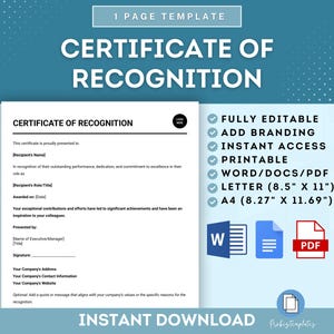 Plantilla de certificado de reconocimiento, certificado de reconocimiento de empleados, premio de reconocimiento de logros, plantilla de certificado de reconocimiento