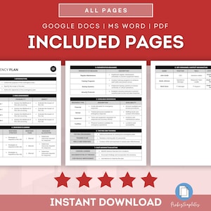 Op de afbeelding: Een digitale download van een noodplan sjabloon in Google Docs, Microsoft Word en PDF formaten. De sjabloon bevat secties voor introductie, risicobeoordeling, responsplanning, preventieve maatregelen, beschikbare middelen, testen en training, evaluatie na incidenten en contactgegevens van belangrijke personen.
