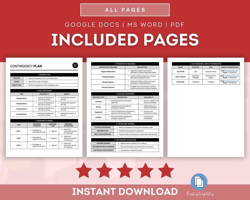 Op de afbeelding: Een digitale download van een noodplan sjabloon in Google Docs, Microsoft Word en PDF formaten. De sjabloon bevat secties voor introductie, risicobeoordeling, responsplanning, preventieve maatregelen, beschikbare middelen, testen en training, evaluatie na incidenten en contactgegevens van belangrijke personen.
