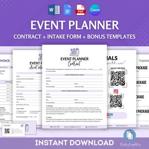 Paquete de contrato de planificación de eventos, contrato de organizador de eventos, formularios de planificador de eventos, contrato de servicios de planificación, formularios de servicios de planificación de bodas