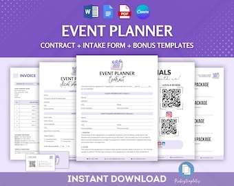May include: Purple and white printable event planner contract, intake form, and bonus templates. The templates include an invoice, client intake form, contract, testimonials, and package options. The text "EVENT PLANNER" is in a large, bold font.