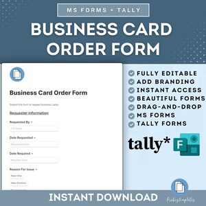 Sjabloon voor online bestelformulier voor werknemersvisitekaartjes, aanvraagformulier voor personeelsvisitekaartjes, aanvraagformulier voor bedrijfsvisitekaartjes, MS-formulieren en Tally