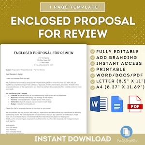 Puede incluir: Una plantilla de propuesta descargable digitalmente para su revisión. La plantilla es totalmente editable, imprimible y está disponible en los tamaños Word, PDF, Carta y A4. La plantilla incluye un título, información de la empresa, información de contacto y una sección para los puntos clave de la propuesta.