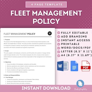 Può includere: Un modello di download digitale rosa e bianco per una politica di gestione della flotta. Il modello è completamente modificabile, stampabile e disponibile in formato Word, PDF e Letter. Il testo del modello recita "Politica di gestione della flotta" e include un elenco di obiettivi e ruoli e responsabilità.