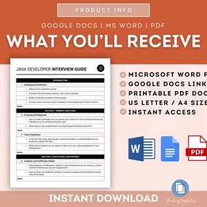 May include: A digital download guide for Java developer interview preparation. The guide includes sections on greetings and introductions, professional background, career aspirations, academic and certification details, and general questions. The guide is available in Microsoft Word, Google Docs, and PDF formats. The image also shows the text "Instant Download".