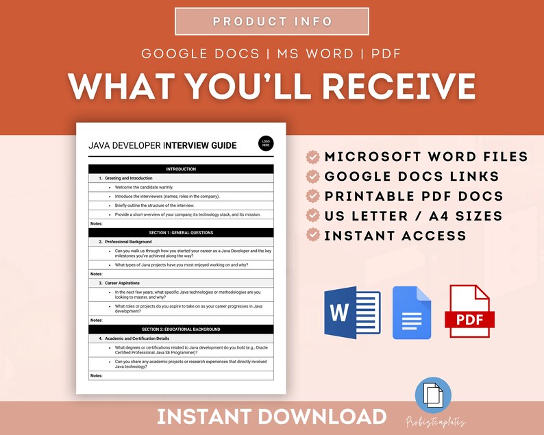May include: A digital download guide for Java developer interview preparation. The guide includes sections on greetings and introductions, professional background, career aspirations, academic and certification details, and general questions. The guide is available in Microsoft Word, Google Docs, and PDF formats. The image also shows the text "Instant Download".