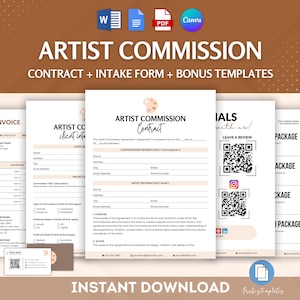 May include: A digital download of printable templates for artist commissions. The templates include a contract, intake form, invoice, and bonus templates for testimonials and package options. The templates are designed in a modern aesthetic with a brown and white color scheme.