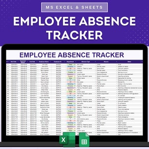 May include: A screenshot of a spreadsheet on a laptop screen showing an employee absence tracker. The spreadsheet has columns for start date, end date, employee name, employee ID, department, absence type, reason, and notes. The spreadsheet is filled with data about employee absences.