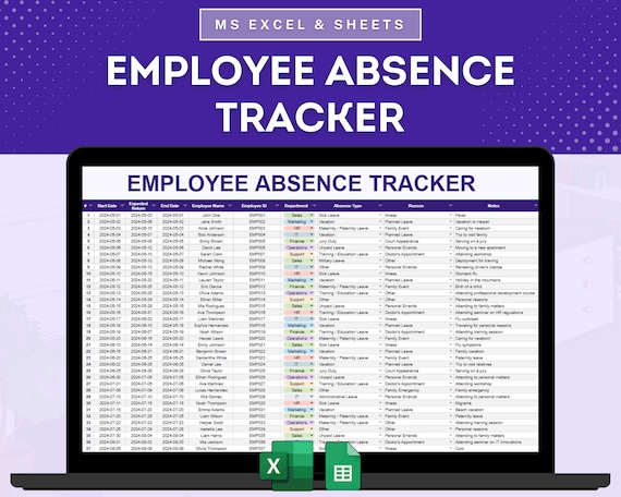 Employee Absence Tracker Spreadsheet, Staff Absence Monitoring, Employee Leave Tracker, Attendance Tracker, Staff Time-Off Tracker Record