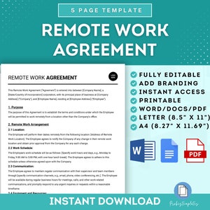 May include: A blue and white graphic with the text "Remote Work Agreement" in a bold white font. The graphic also includes the text "Fully Editable", "Add Branding", "Instant Access", "Printable", "Word/Docs/PDF", "Letter (8.5" x 11")", and "A4 (8.27" x 11.69")". The graphic also includes icons for Word, PDF, and a generic file.