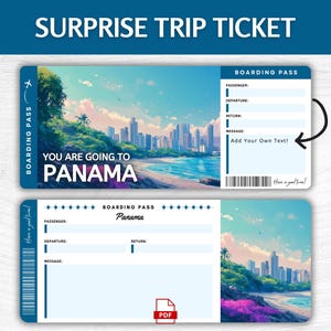 Biglietto regalo a sorpresa per Panama stampabile, Carta d'imbarco modificabile per le vacanze in America Centrale, Pass stampabile per avventure tropicali, Biglietto per la gita in barca sul canale