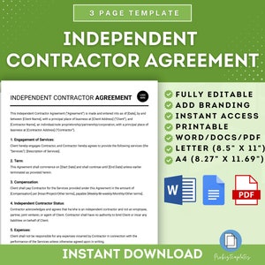 Puede incluir: Plantilla digital para un Acuerdo de Contratista Independiente. El documento está en papel blanco con el título en negrita, texto azul oscuro. Incluye totalmente editable, opciones de marca, acceso instantáneo, imprimible y disponible en formatos Word/Docs/PDF, tamaño Carta (21,59 cm x 27,94 cm) y A4 (21 cm x 29,7 cm).