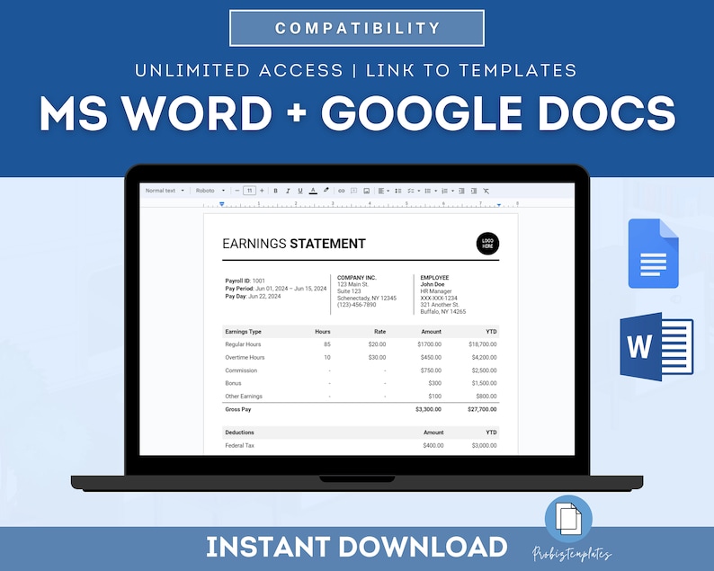 Employee Earnings Statement Template, Staff Pay Stub Template, Paycheck ...