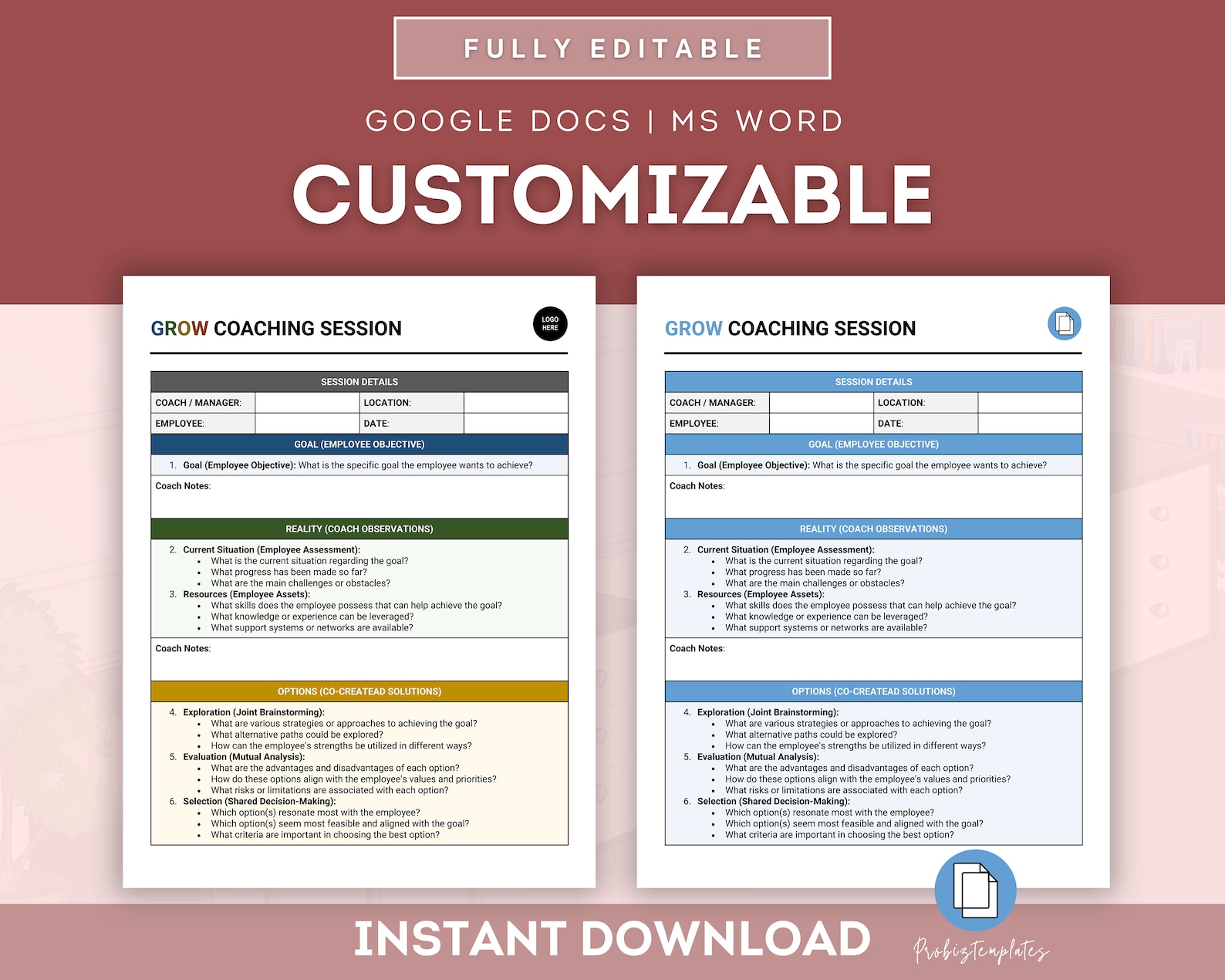 Employee Coaching Session Sheet Template, GROW Coaching Model, Employee ...