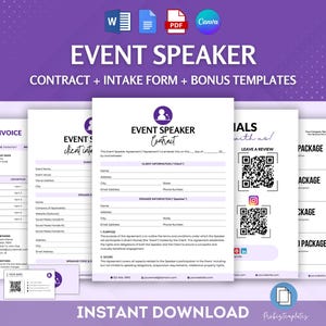 Può includere: Modelli stampabili viola e bianchi per relatori di eventi. I modelli includono un contratto, un modulo di intake, una fattura, testimonianze e opzioni di pacchetto. Il testo "EVENT SPEAKER" è in un carattere grande e in grassetto.