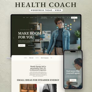 Könnte beinhalten: Eine digitale Darstellung des WordPress-Themes Health Coach namens Wren, mit einem Laptop-Bildschirm, der eine Website mit dem Text Make Room For You zeigt, und einem Handy-Bildschirm, der den Text Feel more like yourself again anzeigt.