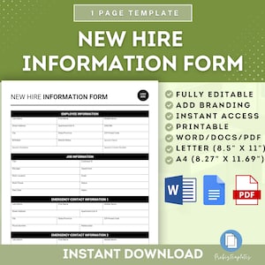 New Hire Information Form, New Hire Paperwork, New Employee Form, HR Templates, New Hire Packet Forms, Employee Onboarding, Hiring Template