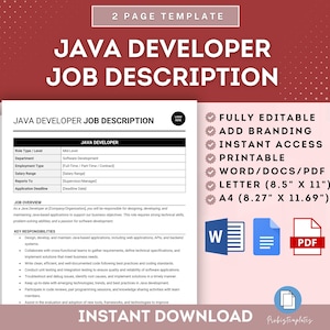 Op de afbeelding: Een sjabloon van twee pagina's met de titel "JAVA DEVELOPER JOB DESCRIPTION" met een wit document met vacaturegegevens. Het document bevat secties voor rol, afdeling en belangrijkste verantwoordelijkheden. Extra tekst benadrukt functies zoals "VOLLEDIG BEWERKBAAR" en "DIRECT DOWNLOADEN".