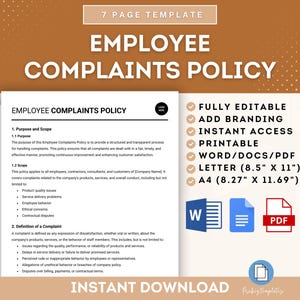 Employee Complaints Policy Template, Workplace Complaint Procedures, Employee Grievance Policy, Complaint Resolution Guidelines Template