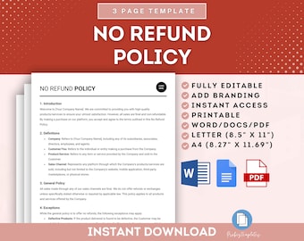 No Refund Policy Template, Refund Policy Guidelines, No Refund Notice Template, Non-Refundable Policy Statement, Refund Policy Update Notice
