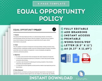 Equal Opportunity Policy Template, Workplace Equality Policy, Non-Discrimination Policy, Diversity and Inclusion Policy Template