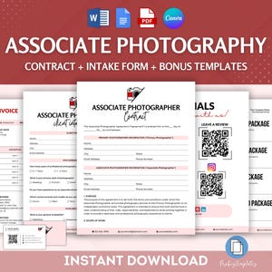Könnte beinhalten: Ein druckbarer Vertrag für einen assoziierten Fotografen, ein Kundenaufnahmeformular, eine Rechnung und Bonusvorlagen in Rosa und Weiß. Die Vorlagen zeigen ein Kamerasymbol und den Text "Assoziierter Fotograf".