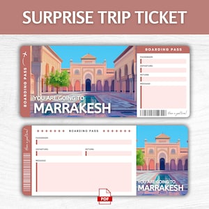 Billet cadeau surprise Marrakech imprimable, carte d'embarquement modifiable pour le Maroc, carte d'embarquement imprimable pour les vacances de Marrakech, billet de voyage au Maroc